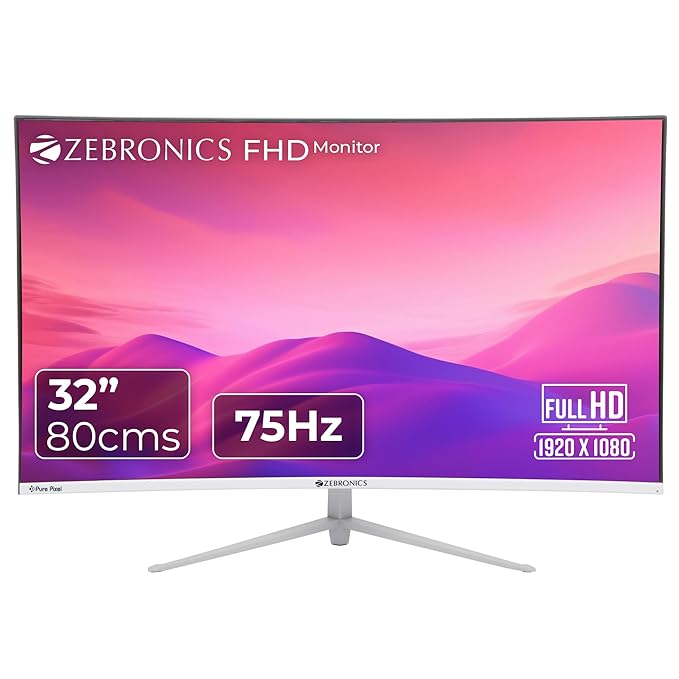 ZEBRONICS AC32FHD LED Curved 75Hz 80Cm (32") (81.28 Cm) 1920x1080 Pixels FHD Resolution Monitor with HDMI + VGA Dual Input, Built-in Speaker, Max 250 Nits Brightness, Black